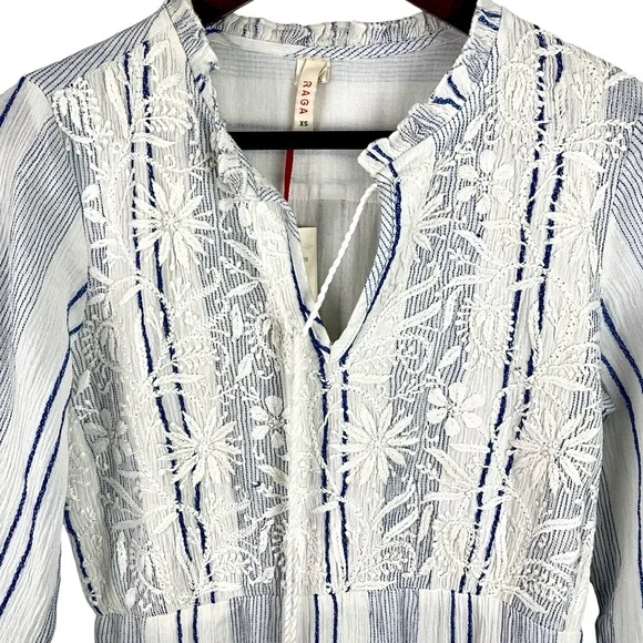 NWT RAGA Fleri White and Blue Striped Floral Embroidered Tie Long Sleeve Dress - Picture 10 of 13